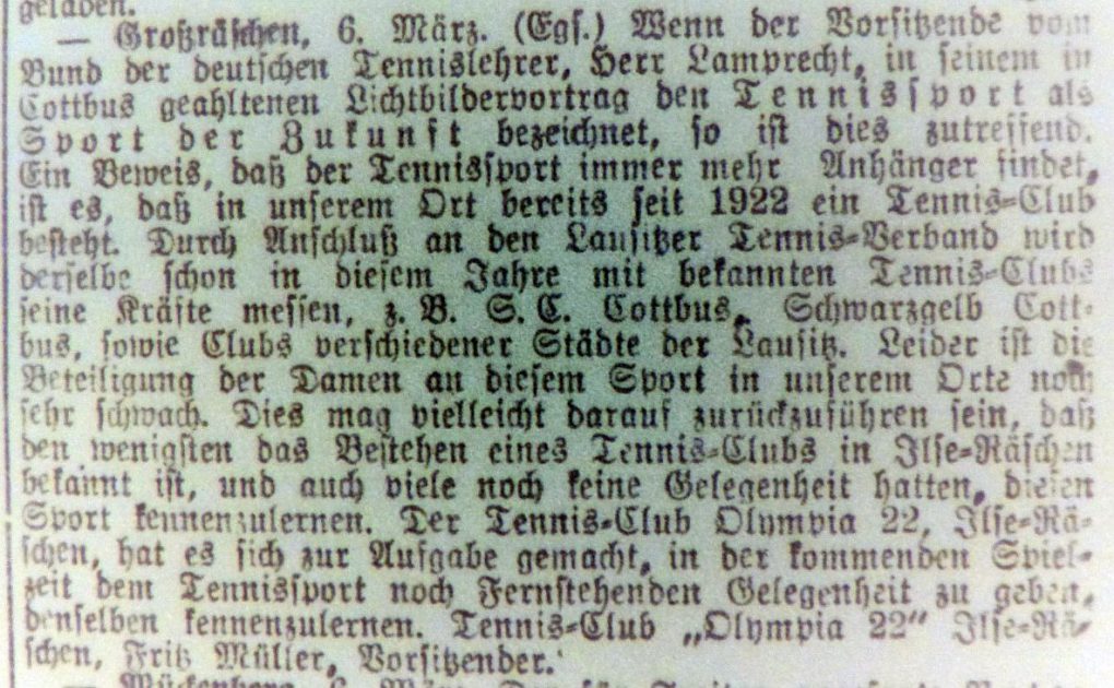 Archivbeweis für Tennis in Großräschen seit 1922
